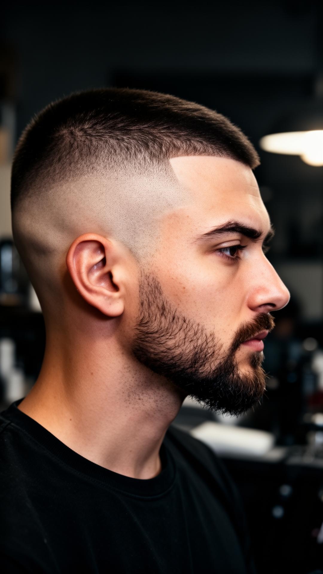 Side profile of a fresh skin fade and beard