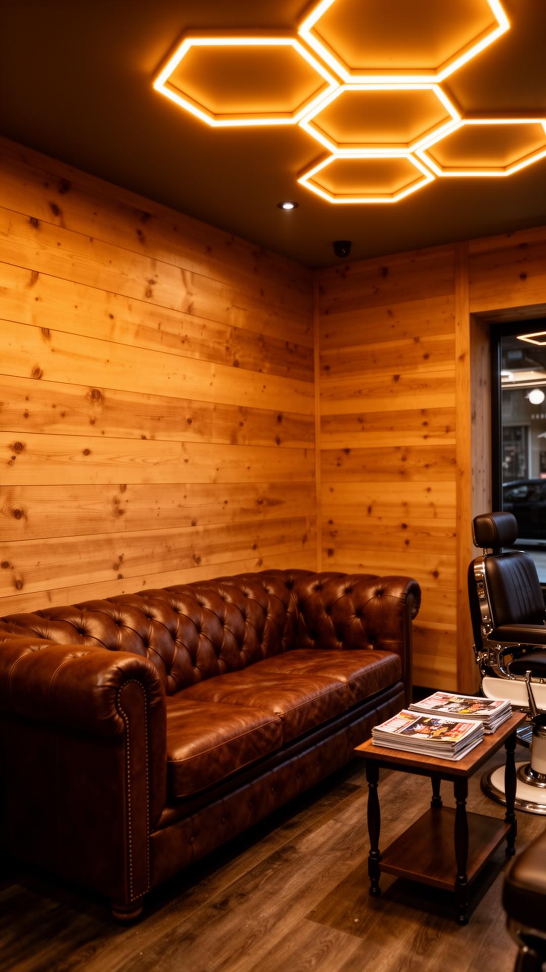 Brown leather waiting sofa under hexagonal lights