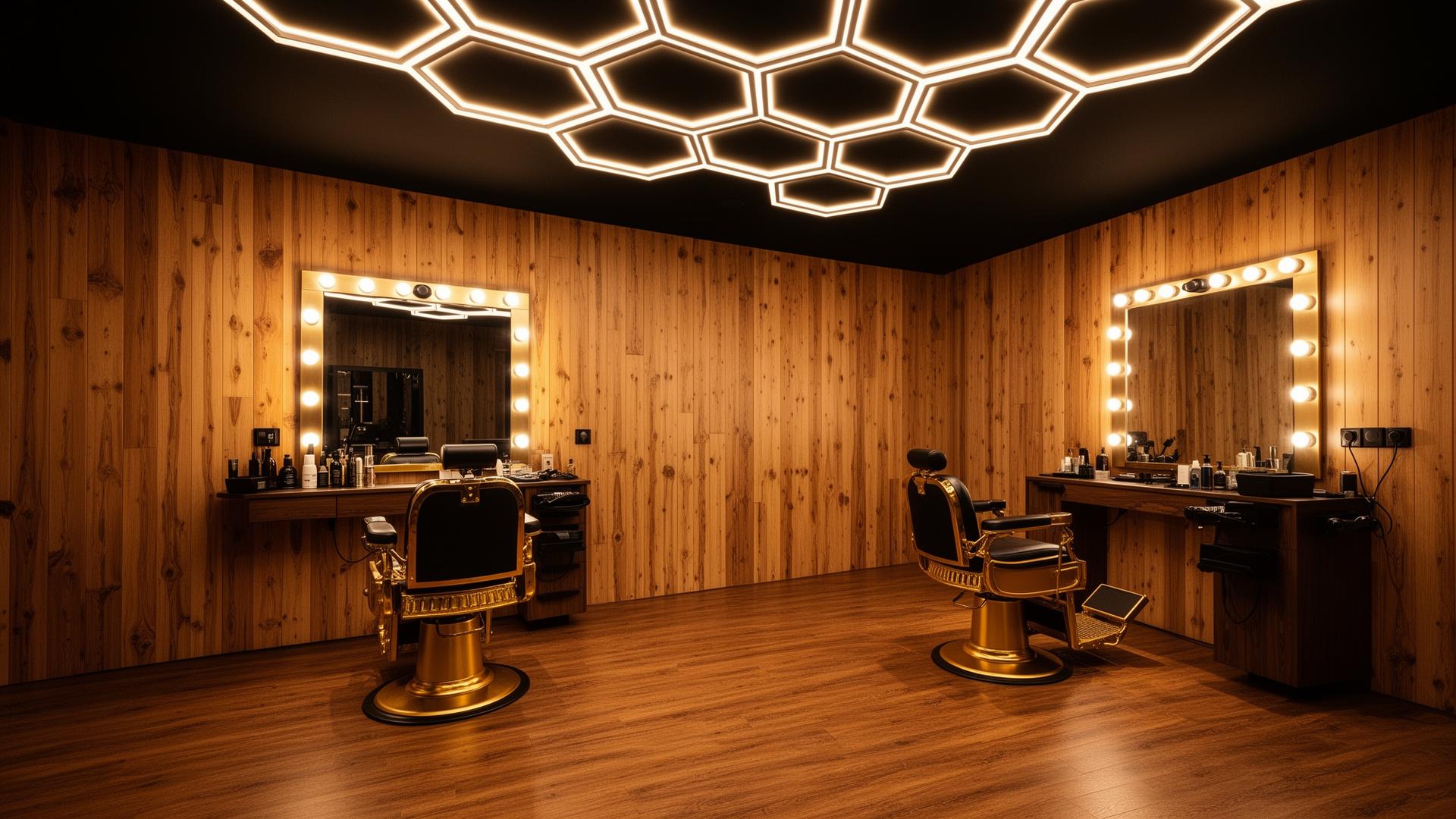 Istanbul Barbers interior with hexagonal LED lights and gold chairs