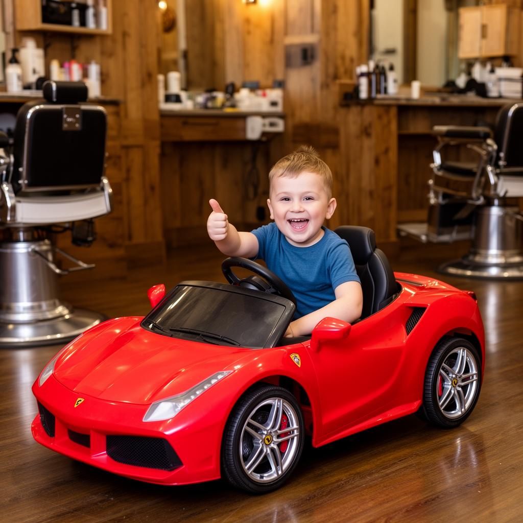 Happy kid in the ride-on car giving a thumbs up