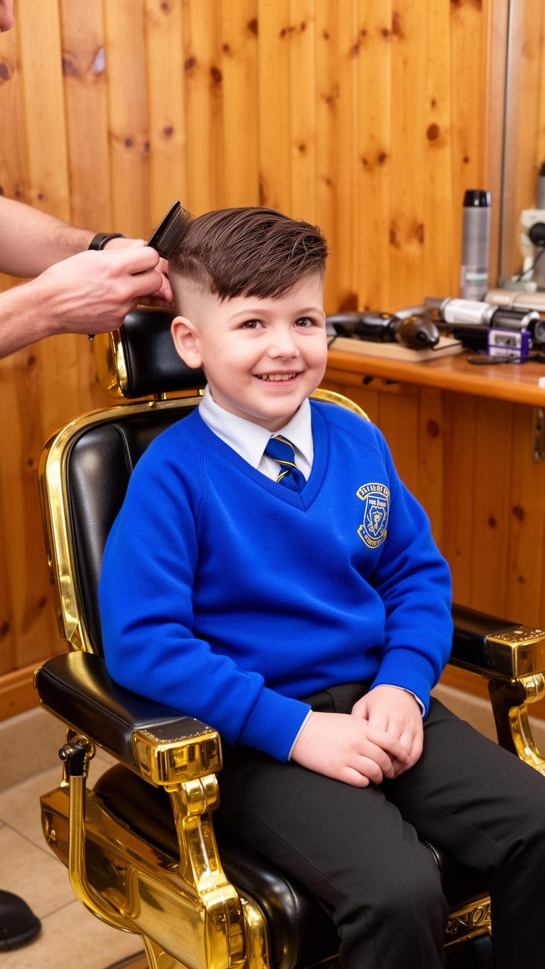 Boy in school uniform getting a smart haircut